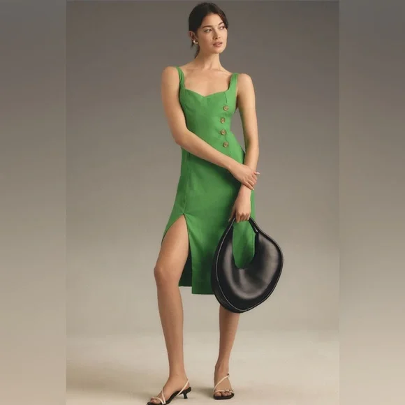 ✨ Anthropologie Sleeveless Square-Neck Linen Button Wrap Midi Dress Sz L - Picture 1 of 8